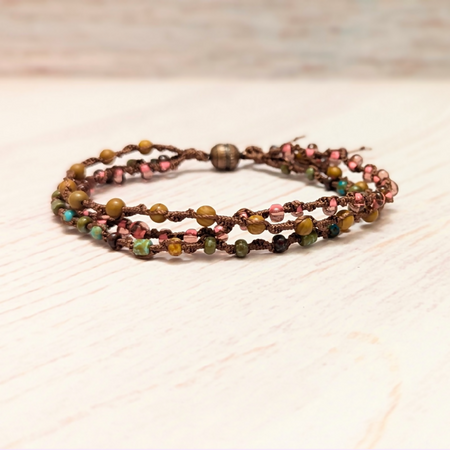 Macrame bracelet with limited edition beads and wooden beads