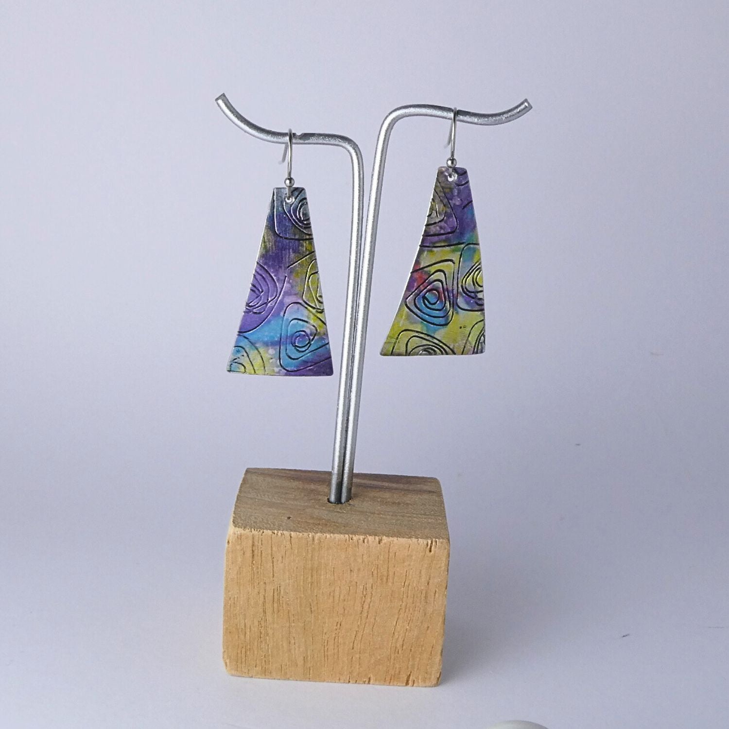 Anodised aluminium earrings hand printed, with abstract textured - Iridescent Drift Collection