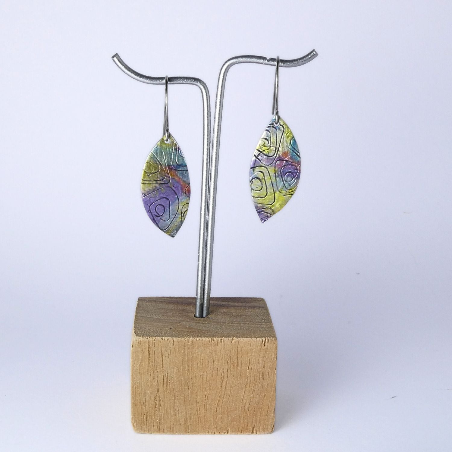 Anodised aluminium earrings hand printed, with abstract textured - Iridescent Drift Collection