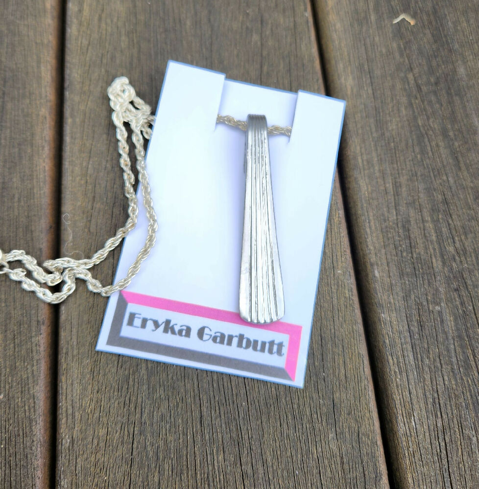 Pendant necklace, art deco embossed silver, recycled cutlery