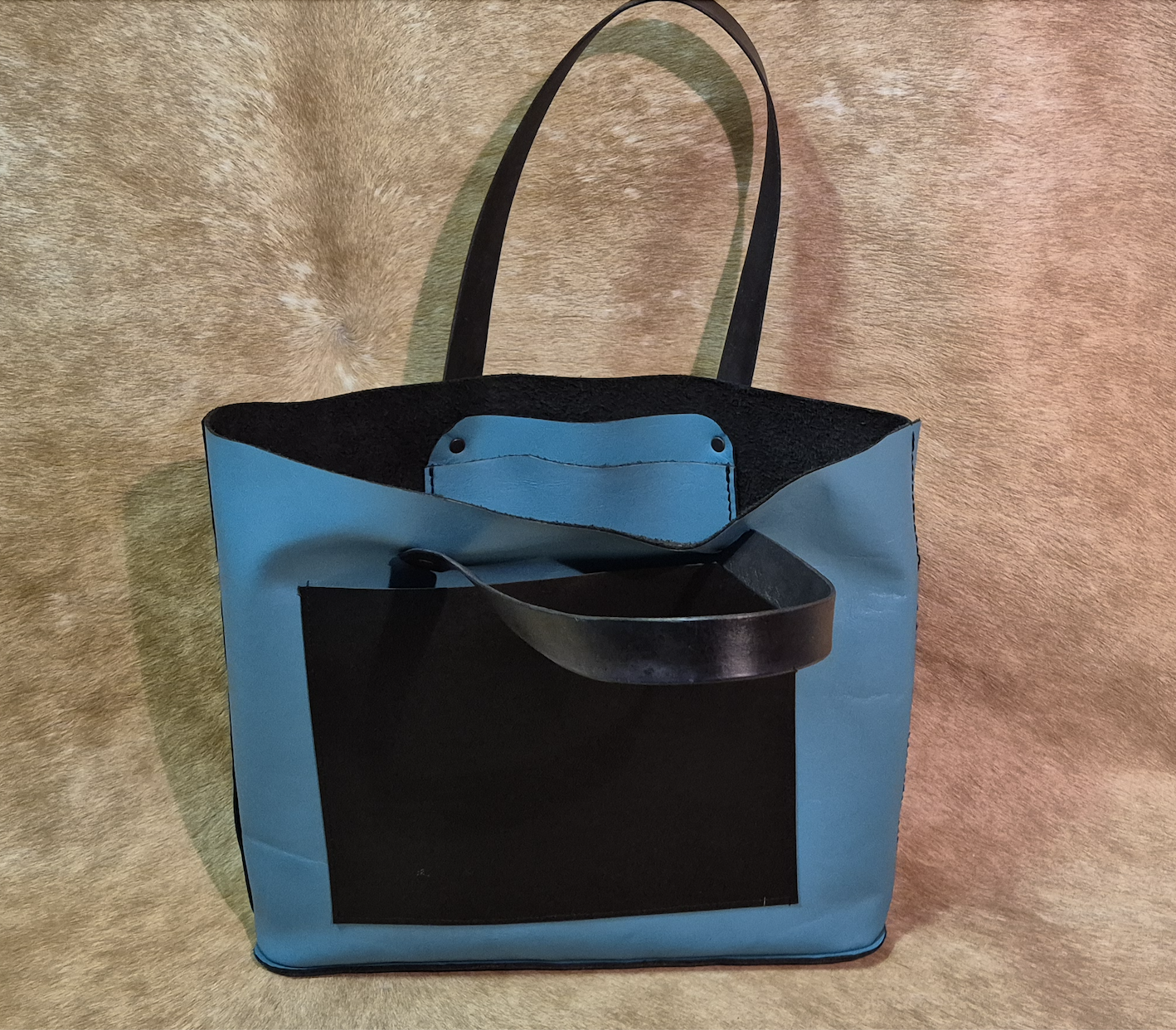 Large leather aqua and black tote bag