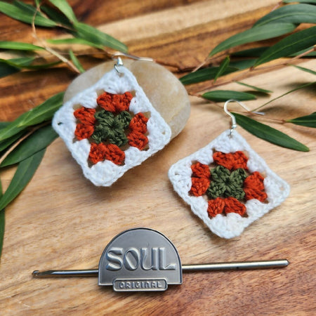 Crochet Earrings - Granny Square - Pine Green & Orange Spice