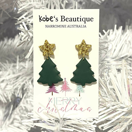 Green Christmas Tree Earrings with Gold Glitter Star Tops