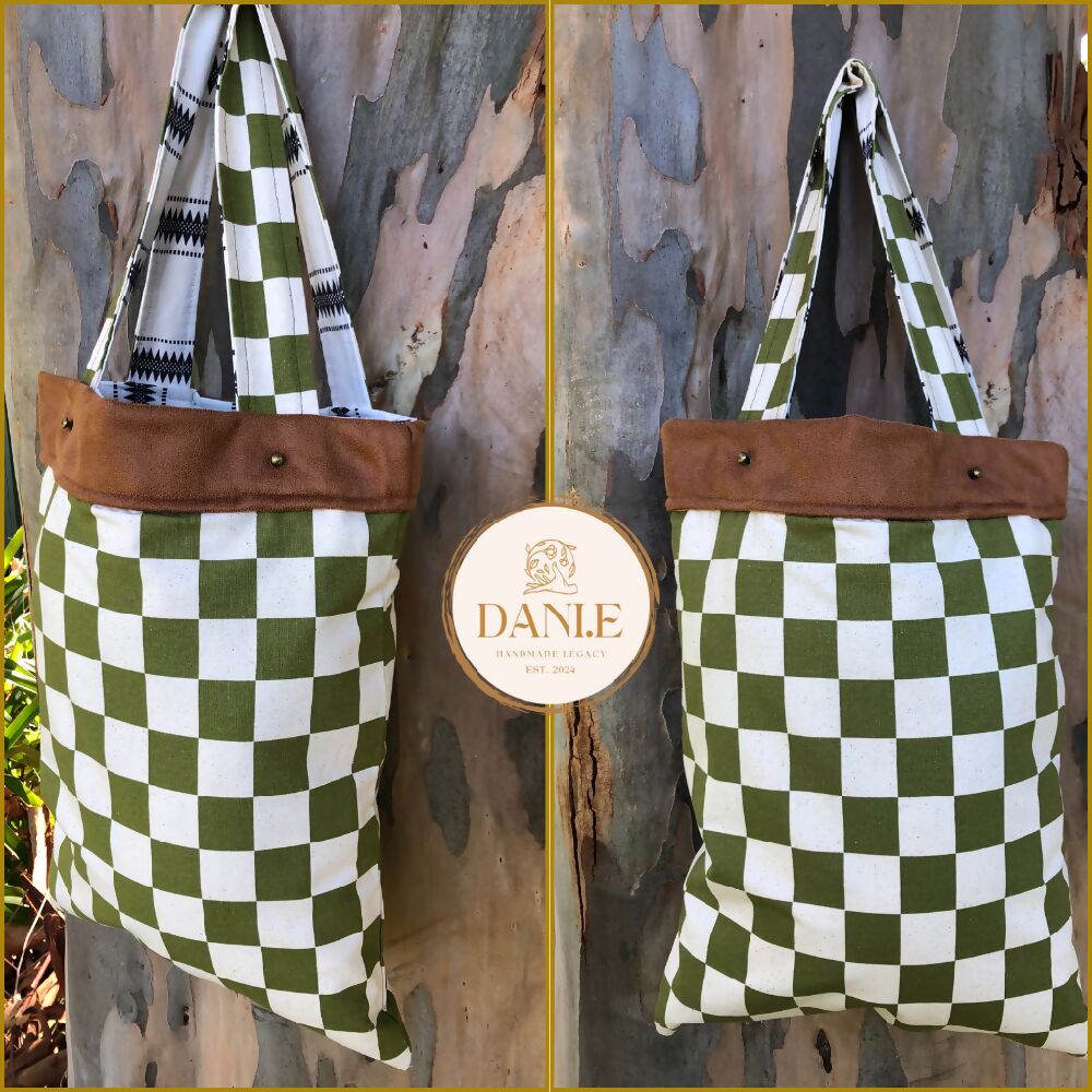 Reversible Green Checker Canvas Tote Bag , Everyday carry bag