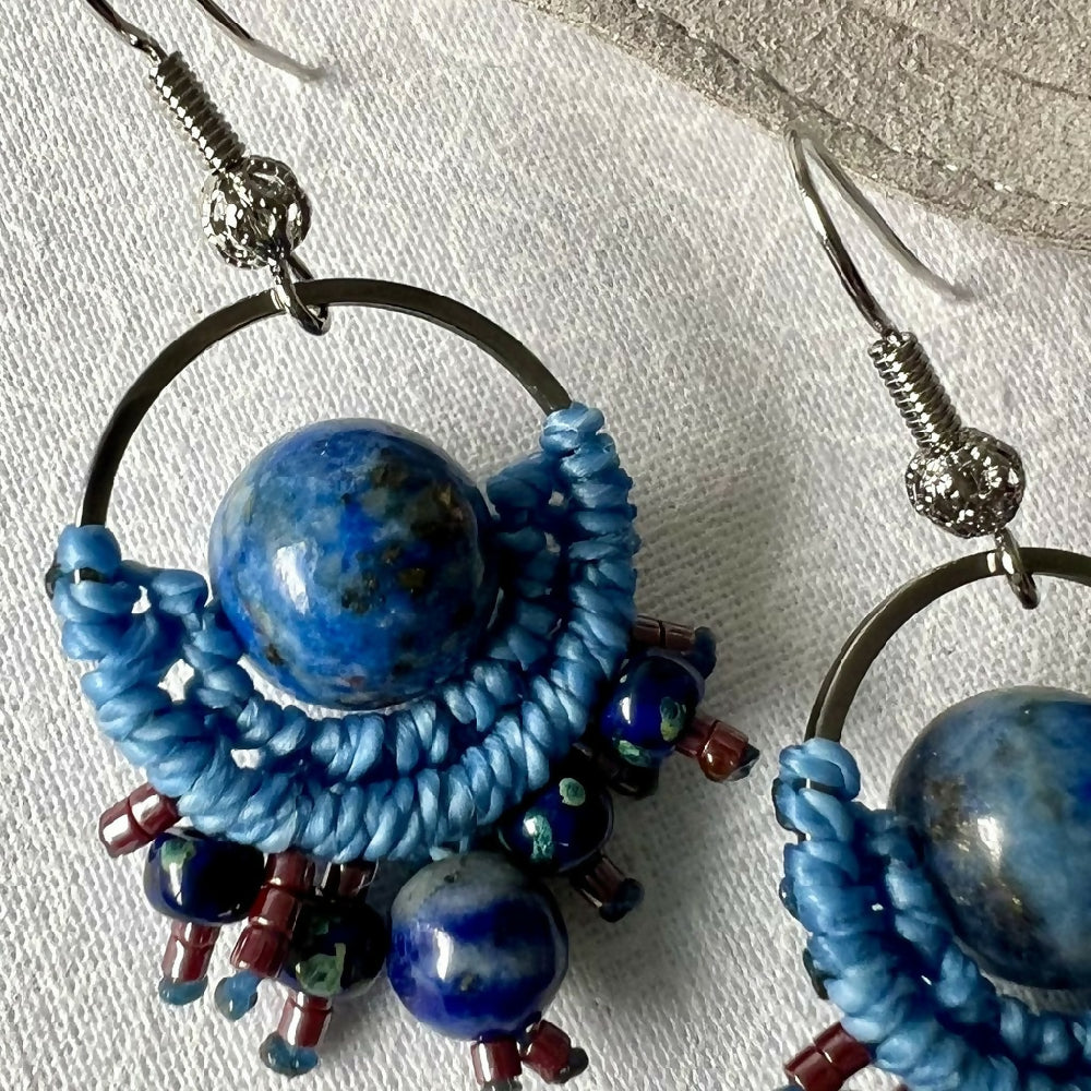 Blue Planet Micro Macrame Earrings - Lapiz Lazuli & Miyuki +Free Microfibre Pouch