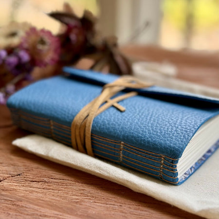 A6 Blue Leather Straight Stitched Journal