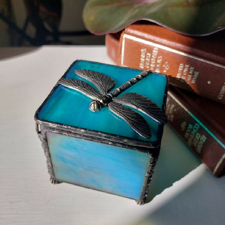Aqua stained glass jewellery box with a dragonfly