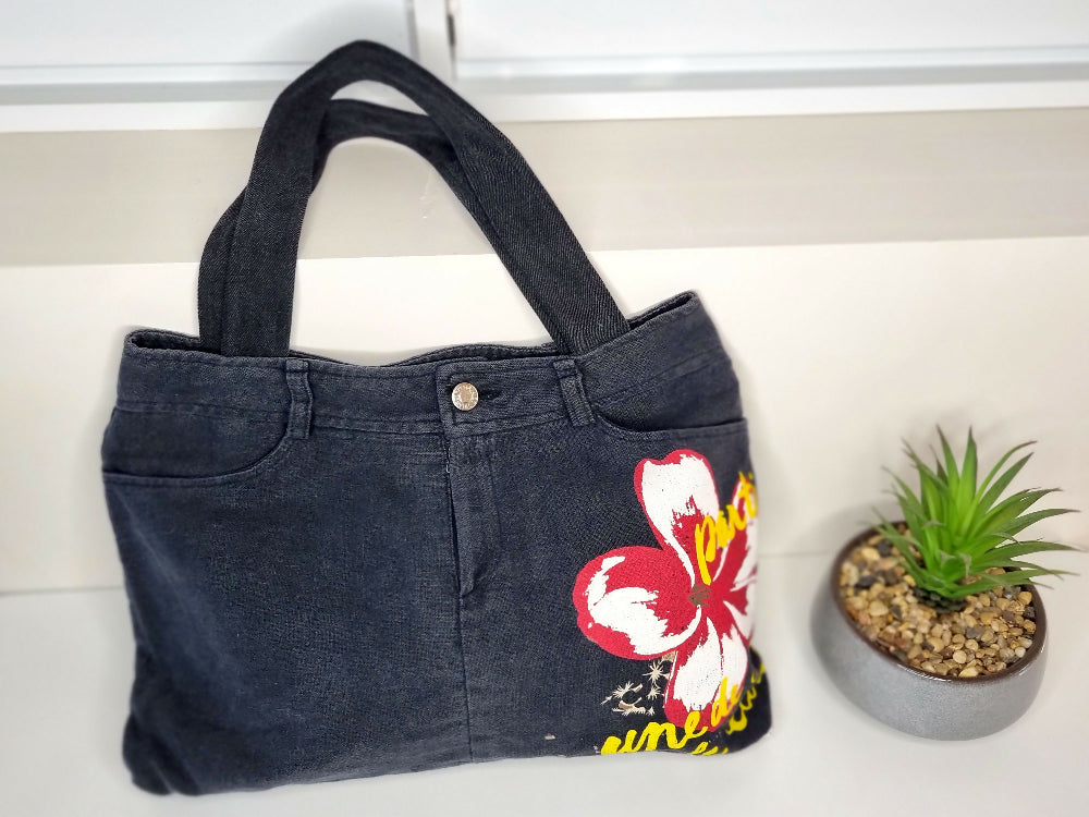 Black Linen Hand Bag from Jeans, Tropical Flower Print, Lined