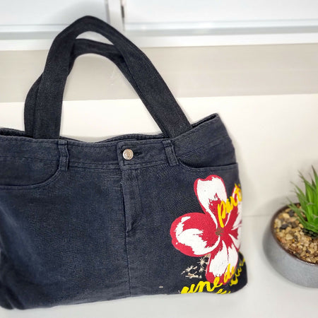 Black Linen Hand Bag from Jeans, Tropical Flower Print, Lined
