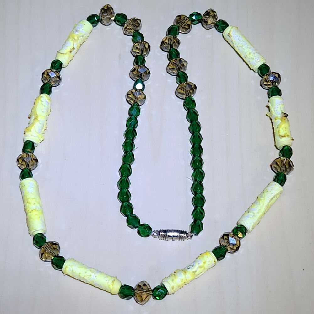 Beaded necklace. Green and yellow Tyvek beads and Swarovski crystals