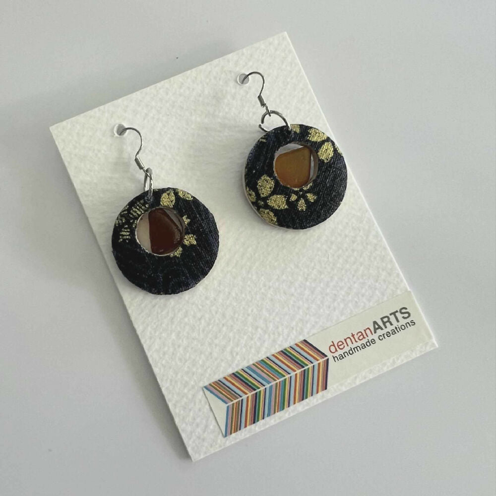 Hikari Woodglass Jewelry Series : Japanese Fabric Wooden Earrings with Sea Glass (Small for Elegance)