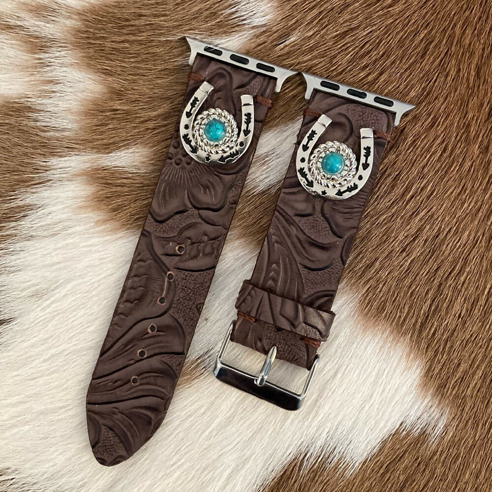 Leather Apple Watch Band - Embossed with Horseshoe Conchos