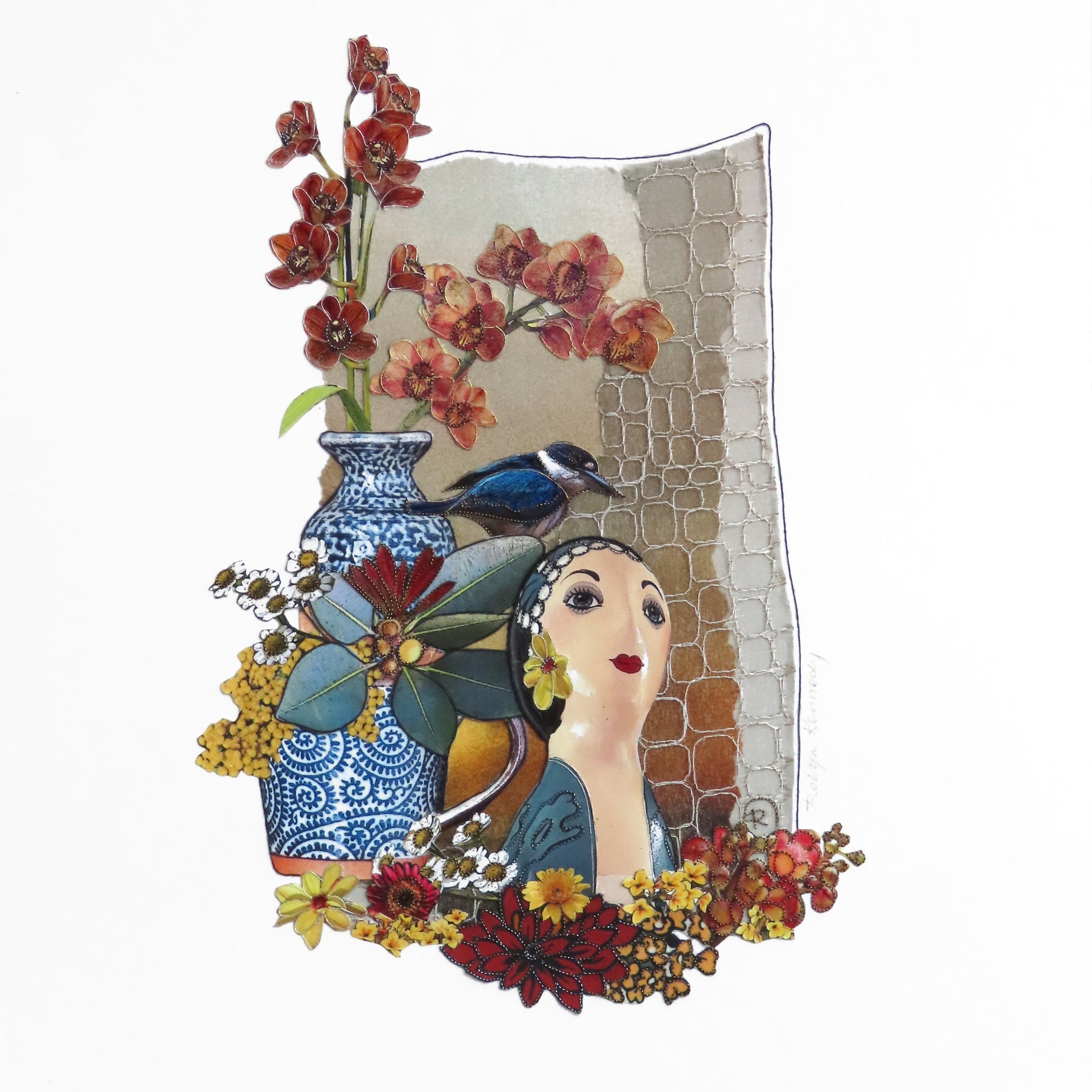 Original Collage Art Bella Boheme - Mannequin Flowers Kingfisher