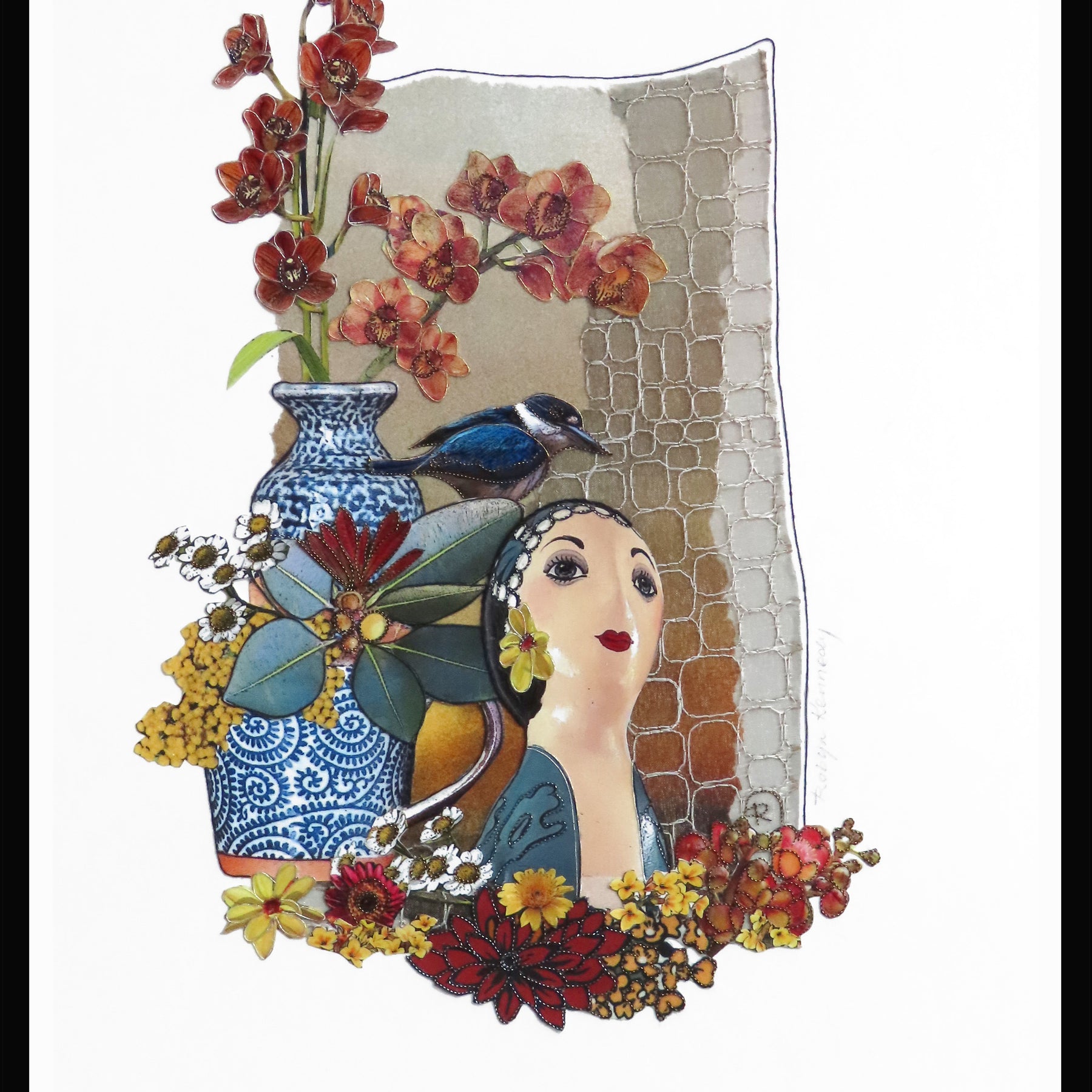 Original Collage Art Bella Boheme - Mannequin Flowers Kingfisher