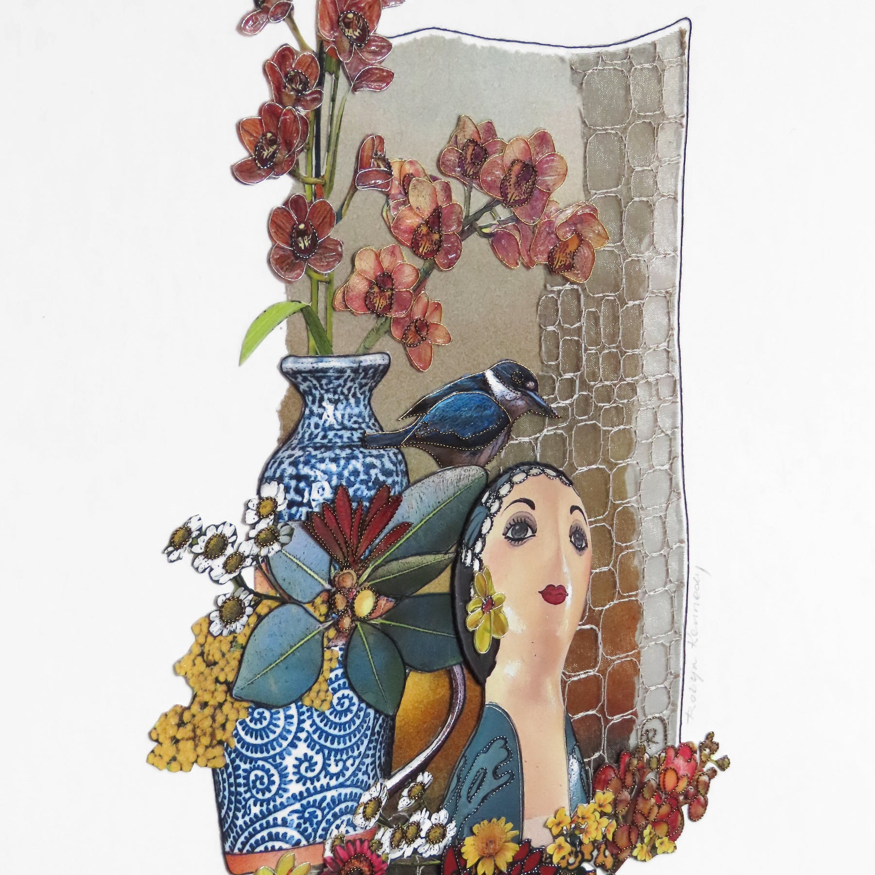 Original Collage Art Bella Boheme - Mannequin Flowers Kingfisher