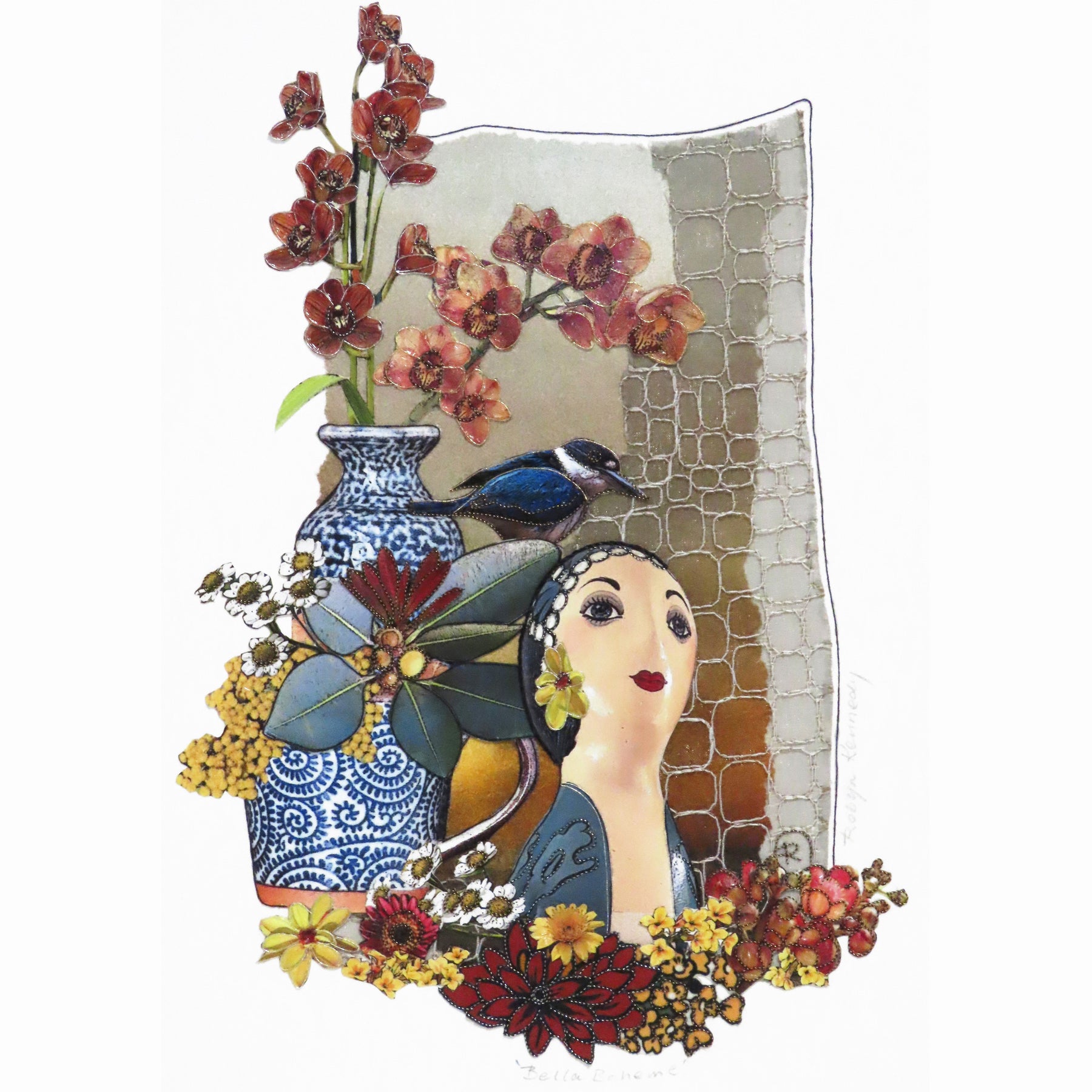 Original Collage Art Bella Boheme - Mannequin Flowers Kingfisher