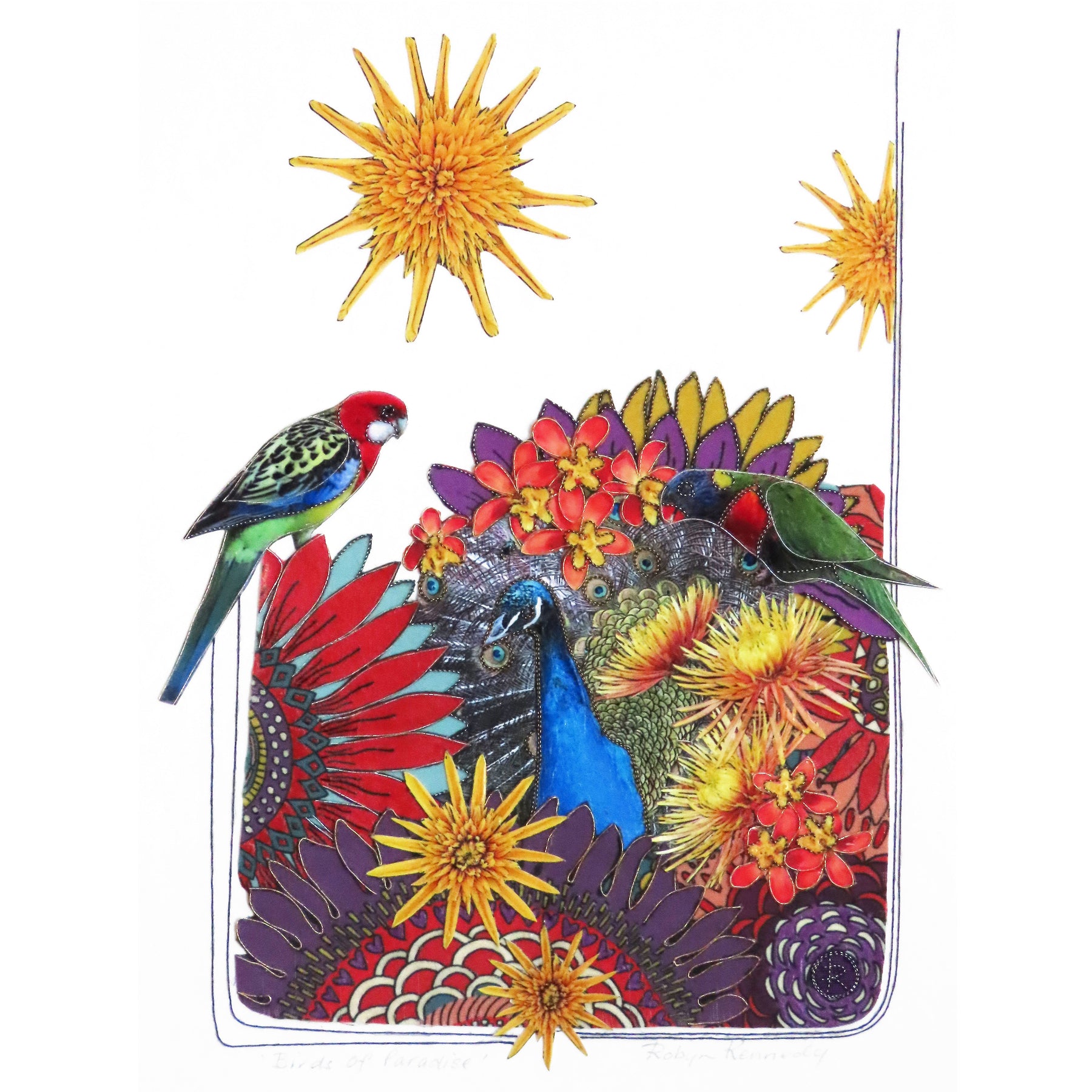 Art Original Birds Of Paradise - Parrots, Peacock, Flowers