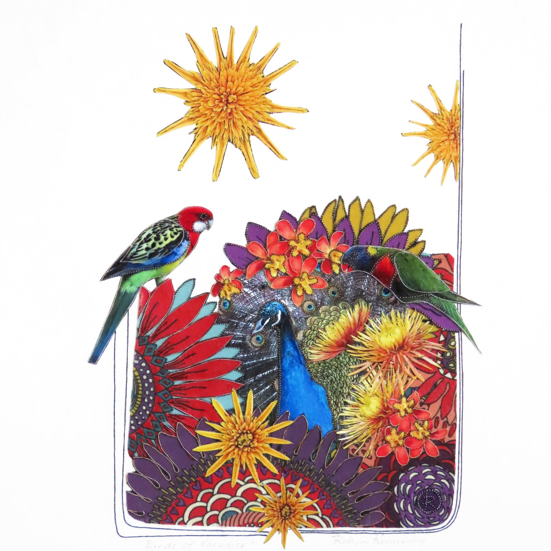 Art Original Birds Of Paradise - Parrots, Peacock, Flowers