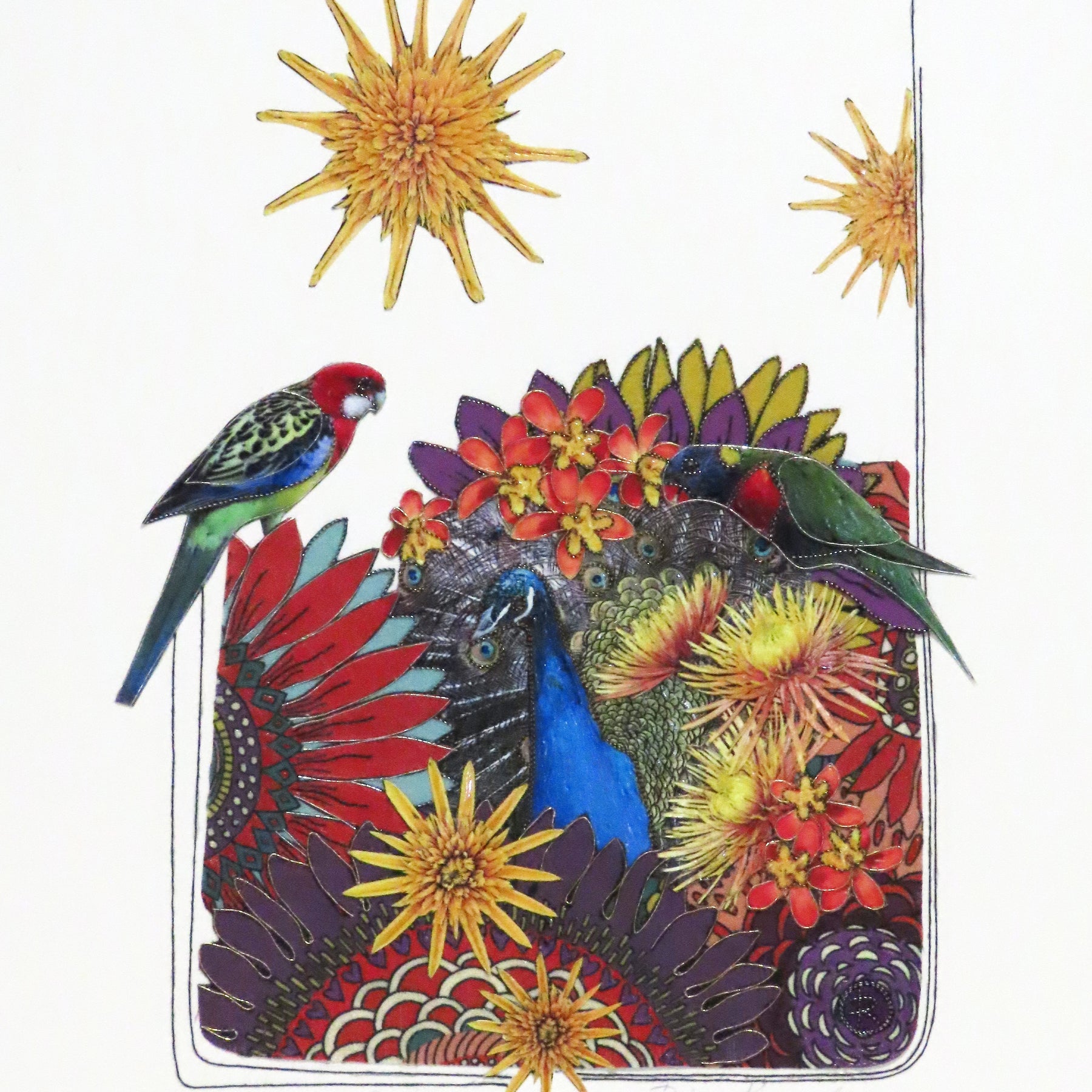 Art Original Birds Of Paradise - Parrots, Peacock, Flowers