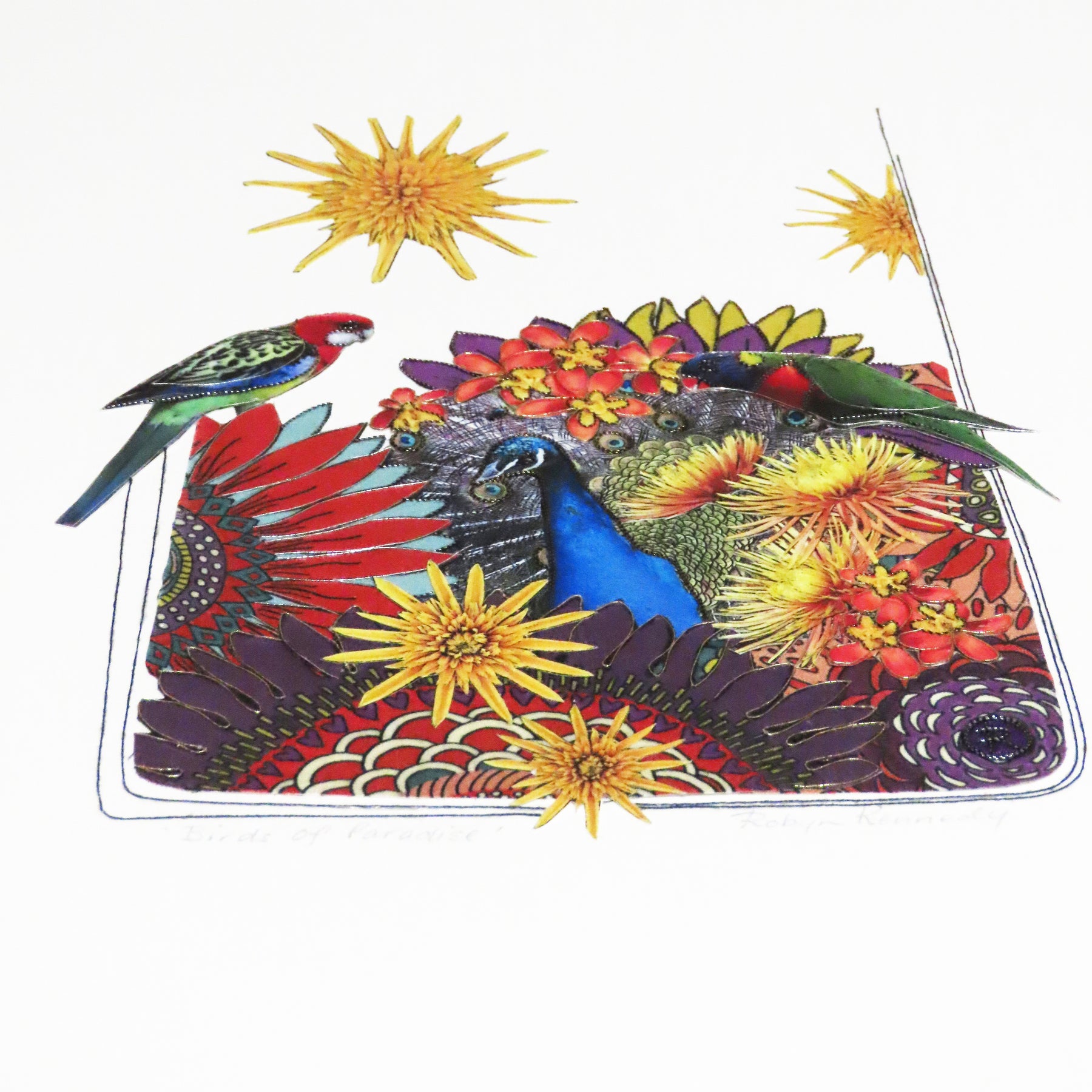 Art Original Birds Of Paradise - Parrots, Peacock, Flowers