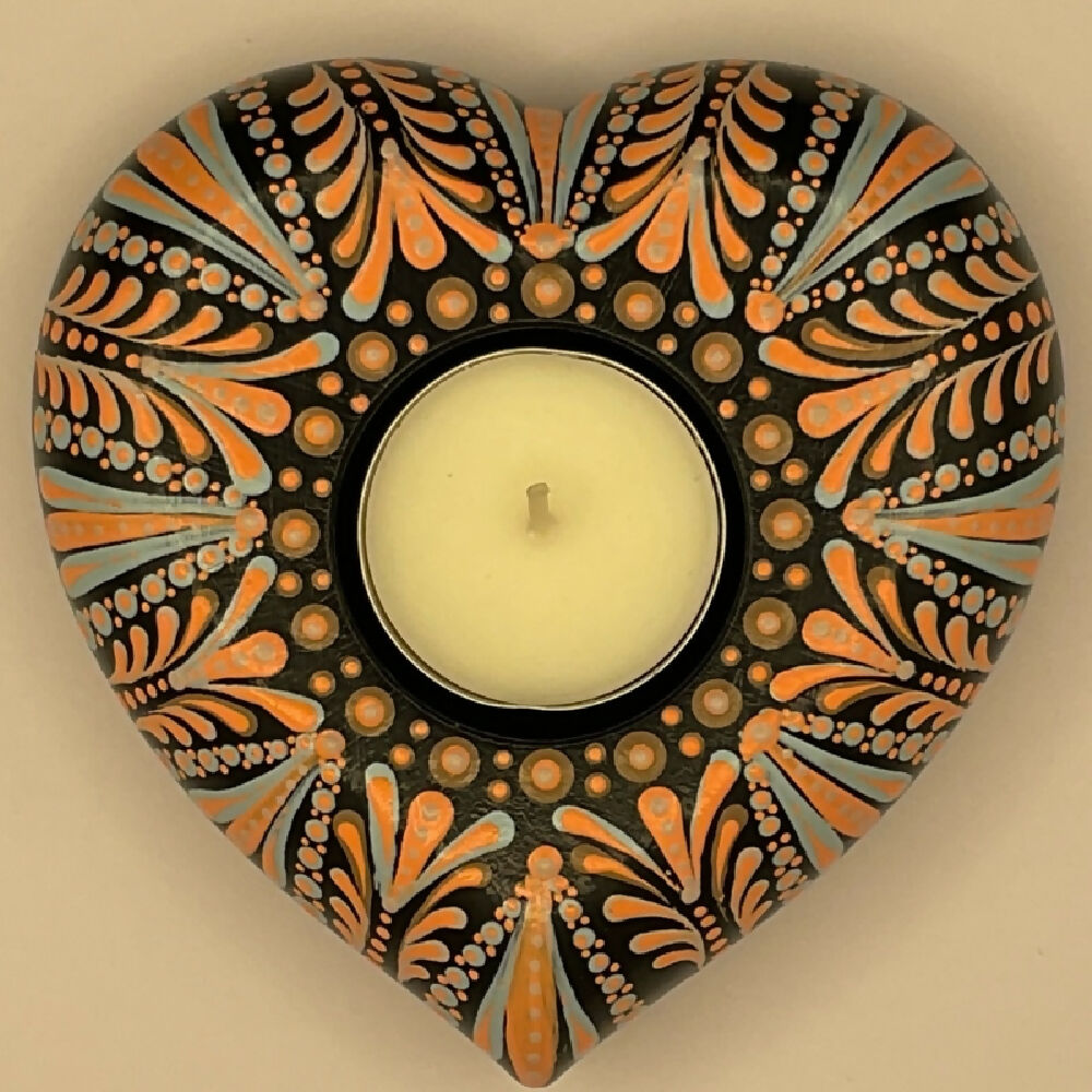 Contemporary Hand-painted Heart Tea-light Candle Holder Gift Boxed, Natural Brown, Orange, Blue & Black