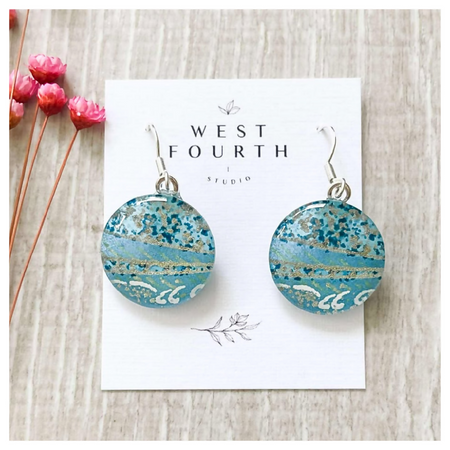 Blue Round Earrings made with Japanese Paper and Glass