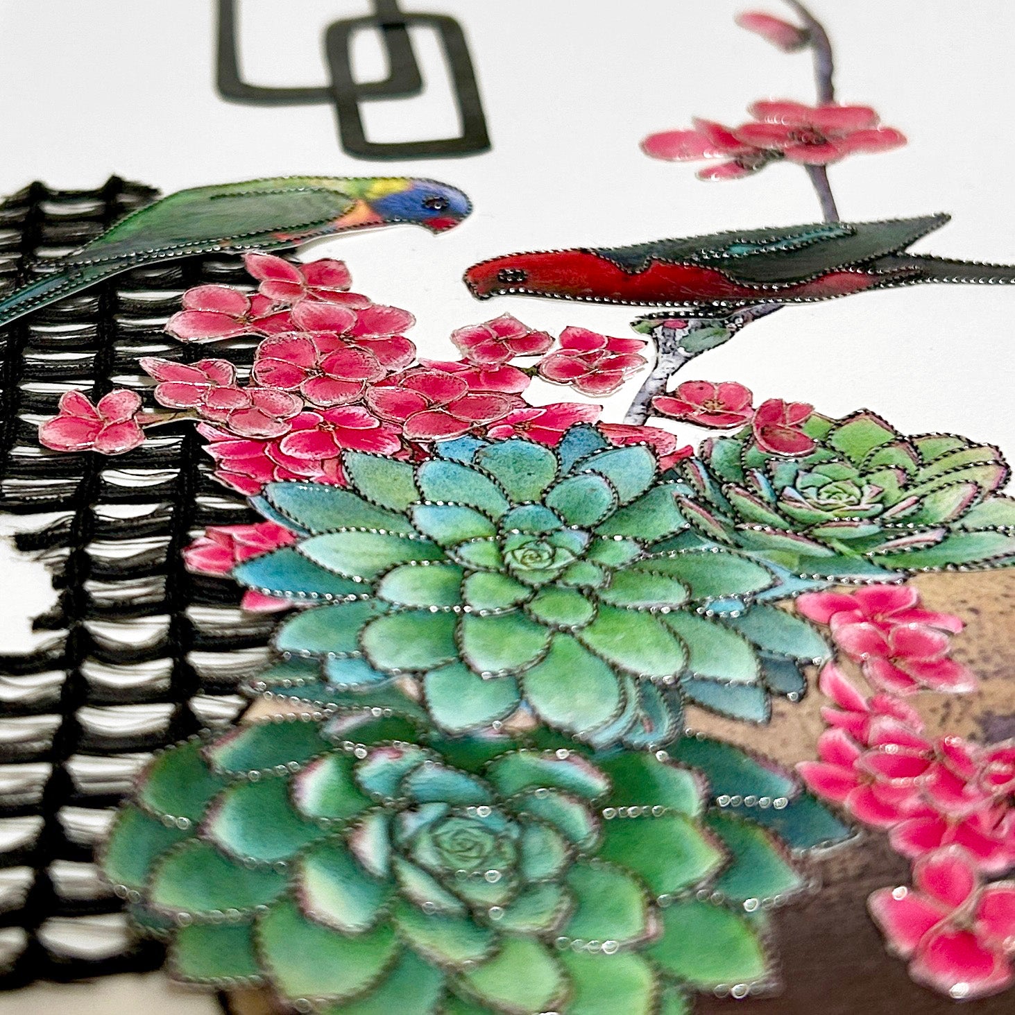 Art Original Blossoms & Birds-Parrots Pink Flowers