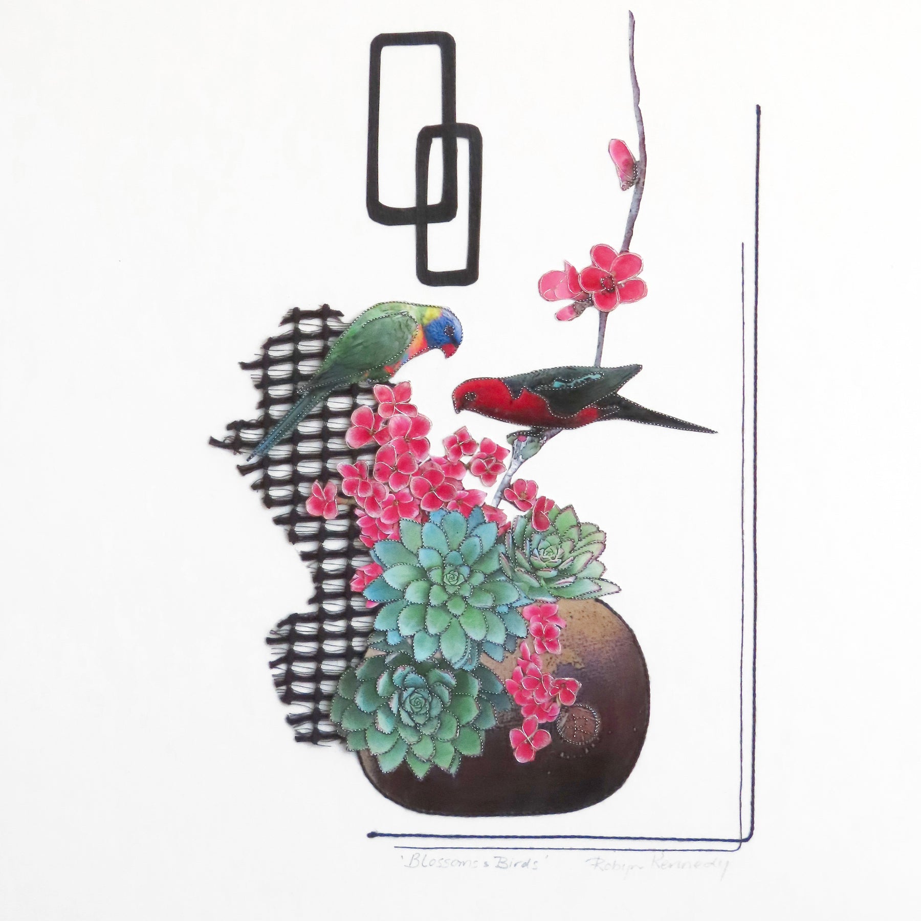 Art Original Blossoms & Birds-Parrots Pink Flowers