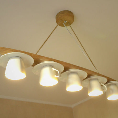 Pendant kitchen chandelier made of natural acacia and cups