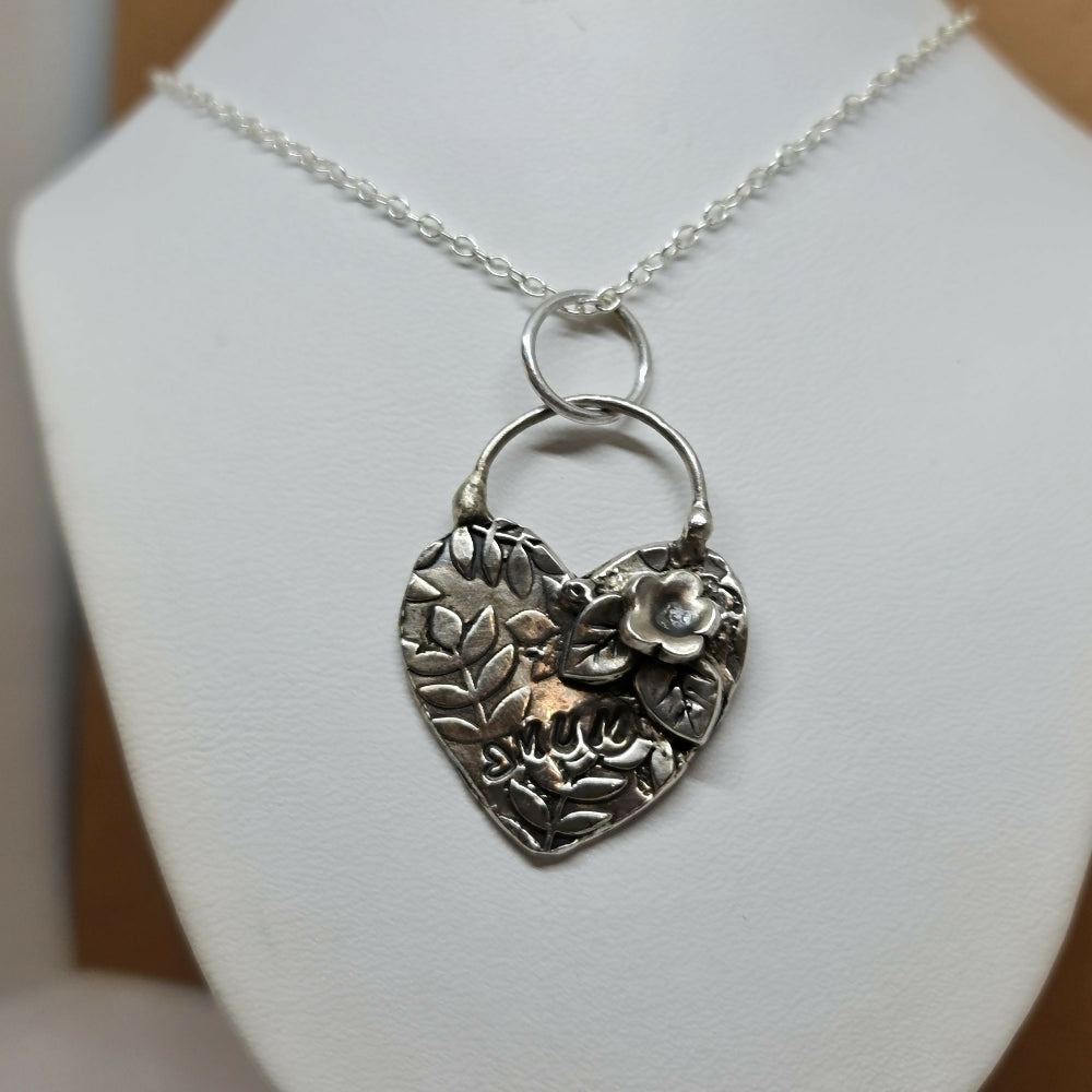 Handmade Fine Silver Large Floral Mum Heart Textured Pendant