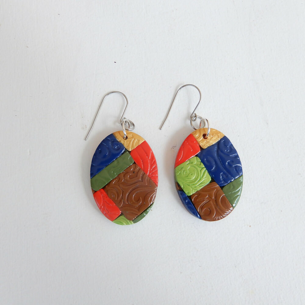 Patchwork Polymer Clay Earrings "Columbine" Oval