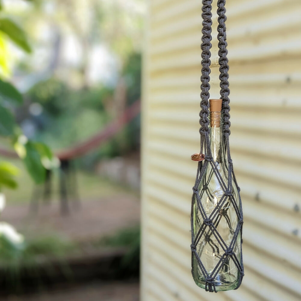 Macrame hanging wine bottle lights