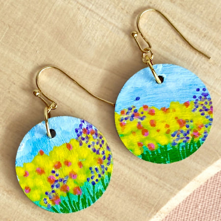 Flowering fields hand painted wood dangle earrings