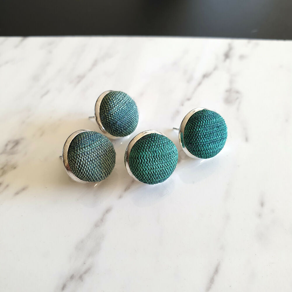 1.4cm Round Green Gradient Japanese Kimono Fabric Silver colour Cabochon stud earrings