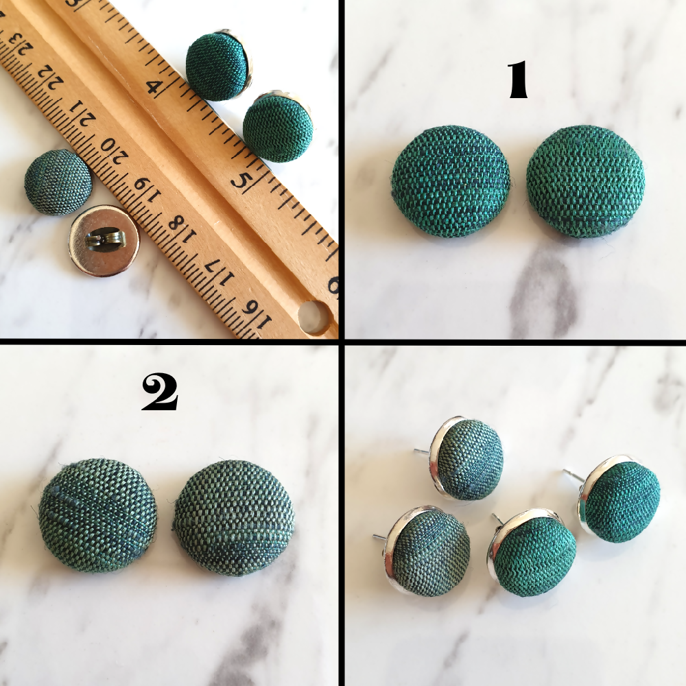 1.4cm Round Green Gradient Japanese Kimono Fabric Silver colour Cabochon stud earrings