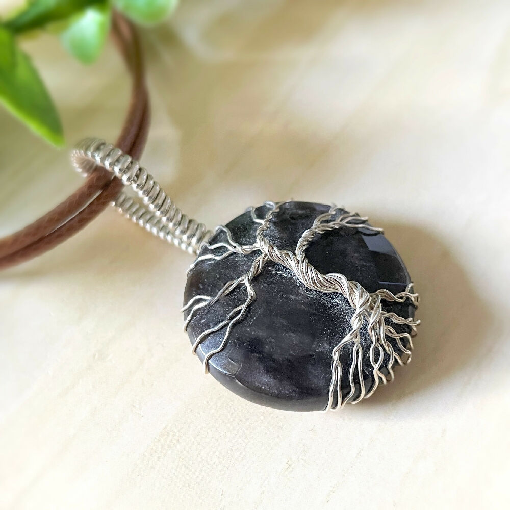Mysterious 50x30mm Wire-Wrapped Faceted Silver Sheen Obsidian Tree Pendant