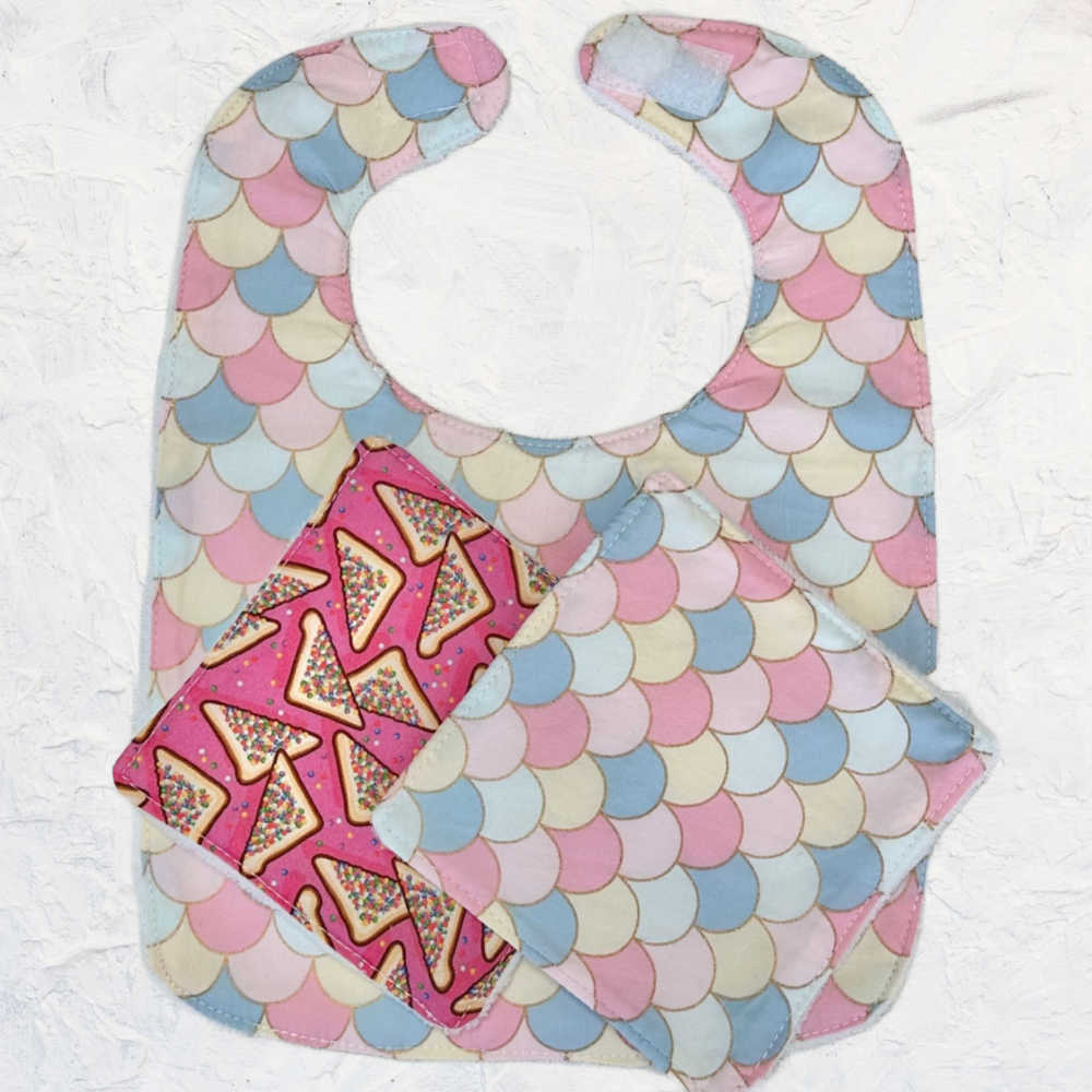 Larger Size Handmade Bib & Washcloth Set - Pinks & Blues