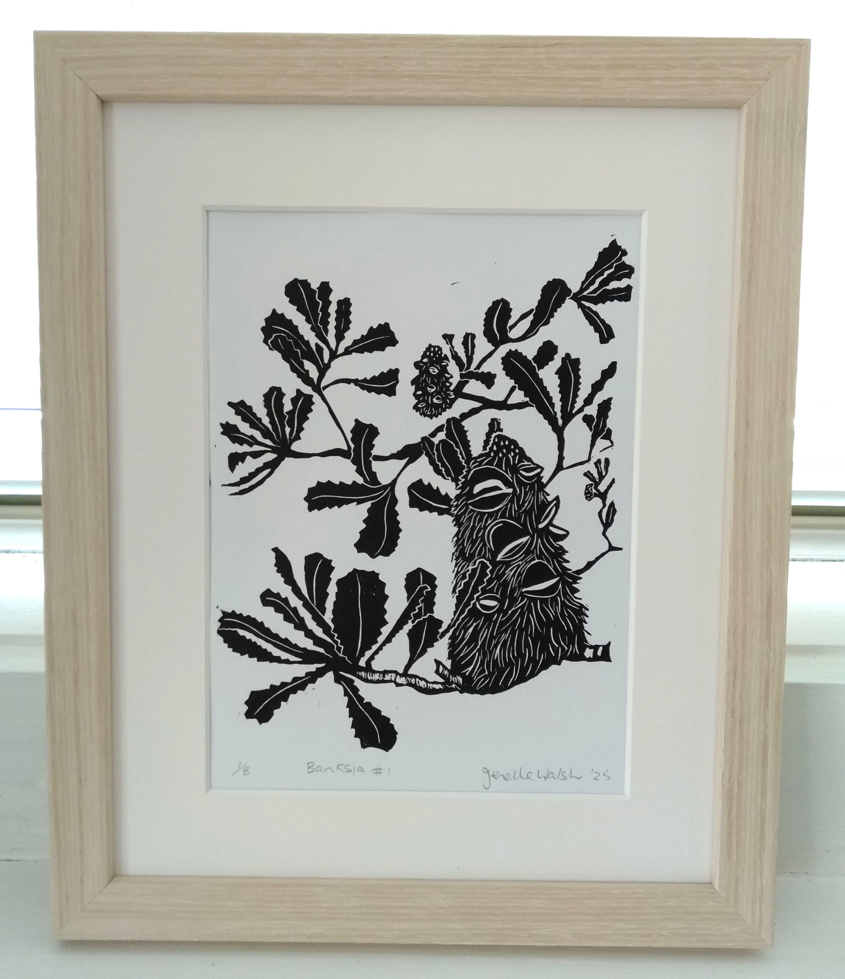 Art original linocut print Banksia
