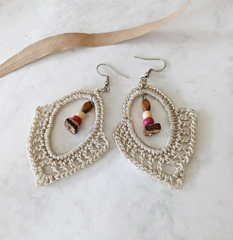 Cream Earrings with Wood Beads