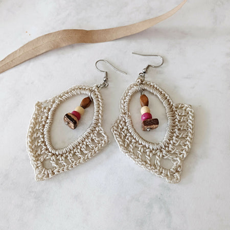 Cream Earrings with Wood Beads