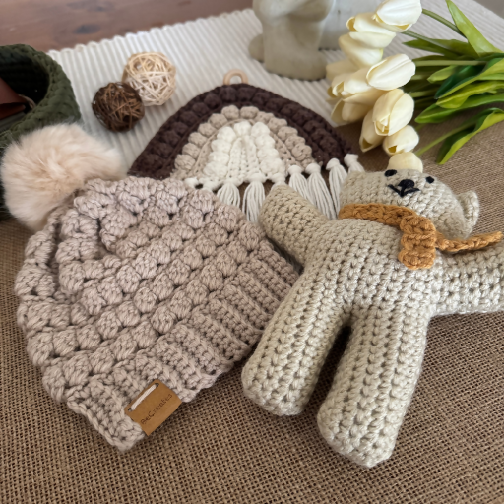 Handmade Earth Baby Gift Set – Bear, Beanie and Wall Hanging-Beige (2)