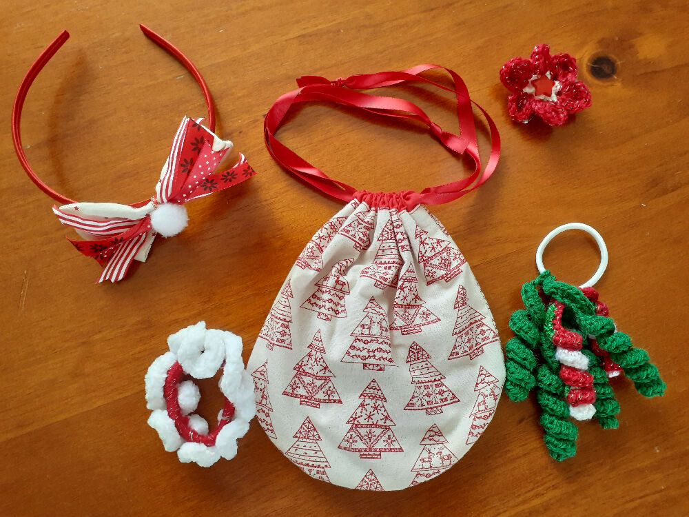 Children's Drawstring Christmas Bags with Hair Accessories