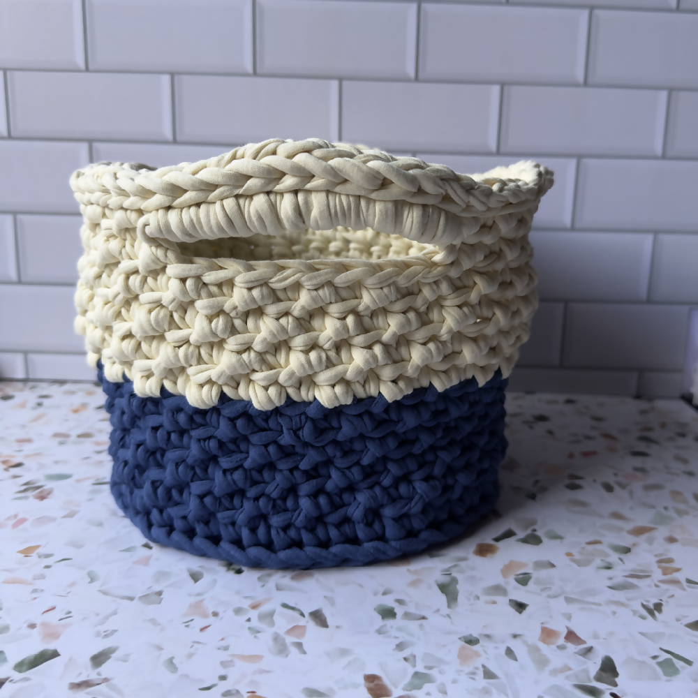 Handmade | Home Decor | Crochet Basket with handles | Recycled T-Shirt yarn | Blue & Cream