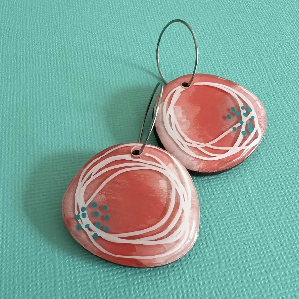 Red Abstract Painted Wood Earrings