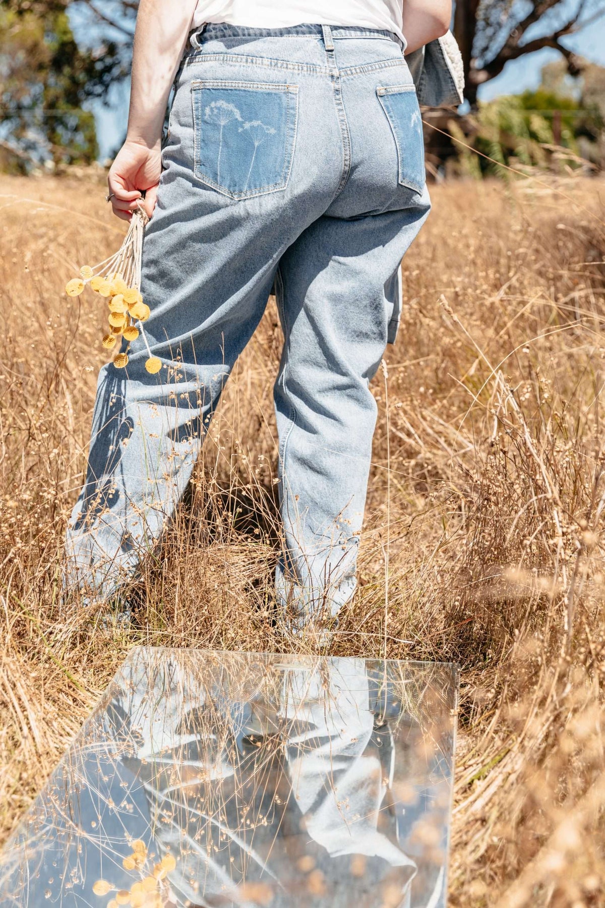 High-Waisted Mom Jeans, Garlic Chive Sun Print