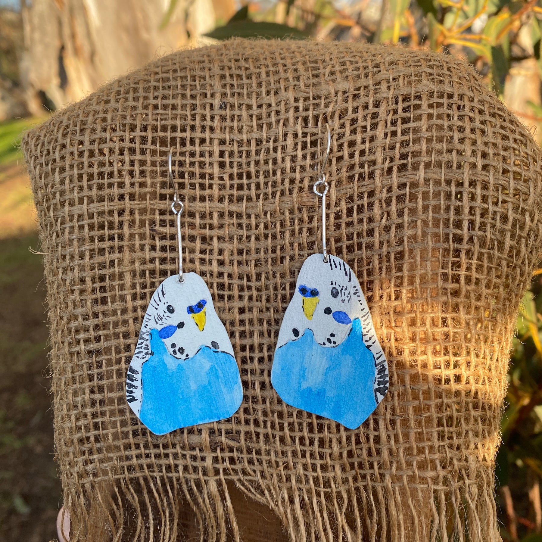 Blue Budgie Earrings - Hand painted watercolour statement jewellery