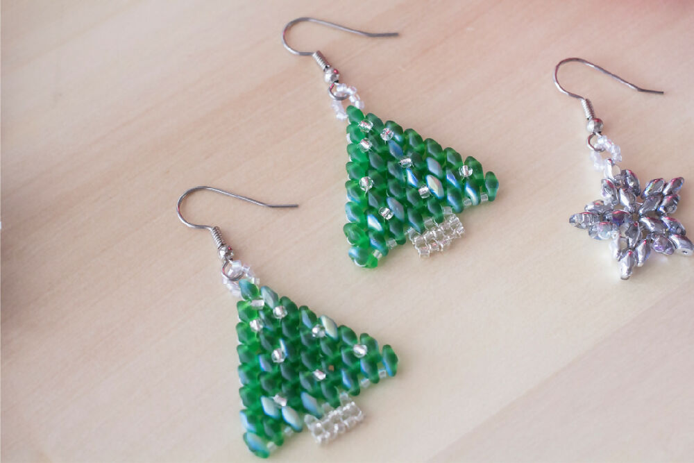 Silver and Green Christmas Tree Earrings