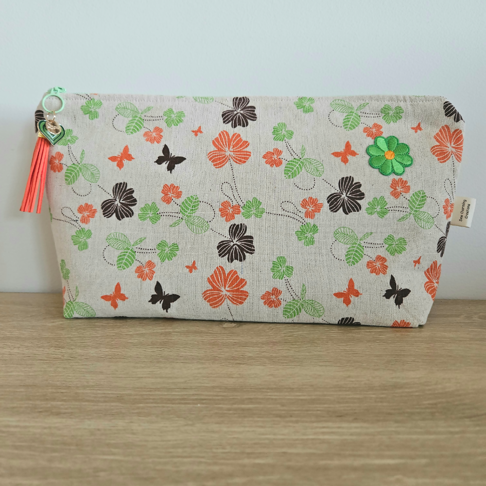 Zipper Pouch Orange, Brown and Green Butterfly Design