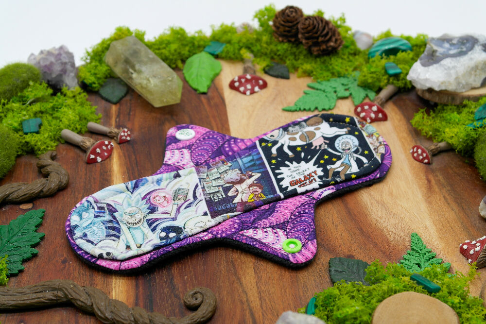 dig the flow reusables reusable cloth pad australian handmade rick and morty cotton lycra purple cotton unique one-of-a-kind mishmash menstrual health business