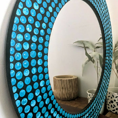 Aqua Blue Dot Art Mirror Handpainted Marbled Design